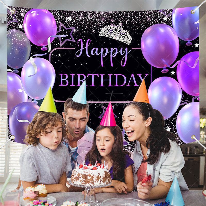 Aperturee - (7 Day Delivery) Aperturee Black Purple Balloons Crown Birthday Backdrop