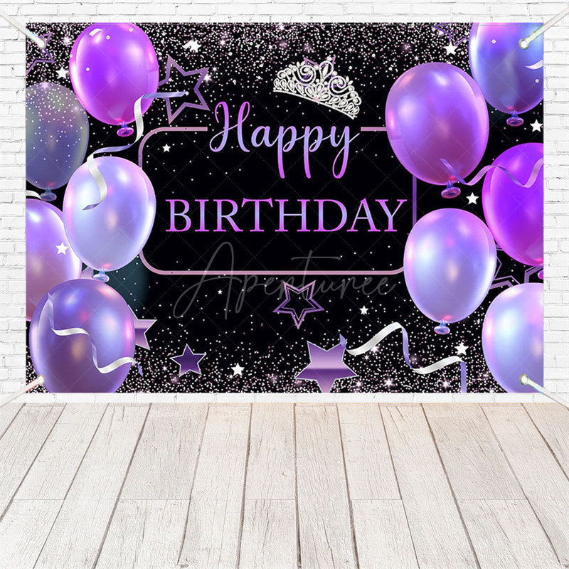 Aperturee - (7 Day Delivery) Aperturee Black Purple Balloons Crown Birthday Backdrop