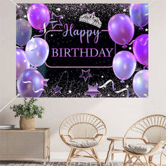 Aperturee - (7 Day Delivery) Aperturee Black Purple Balloons Crown Birthday Backdrop