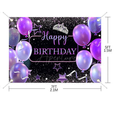 Aperturee - (7 Day Delivery) Aperturee Black Purple Balloons Crown Birthday Backdrop