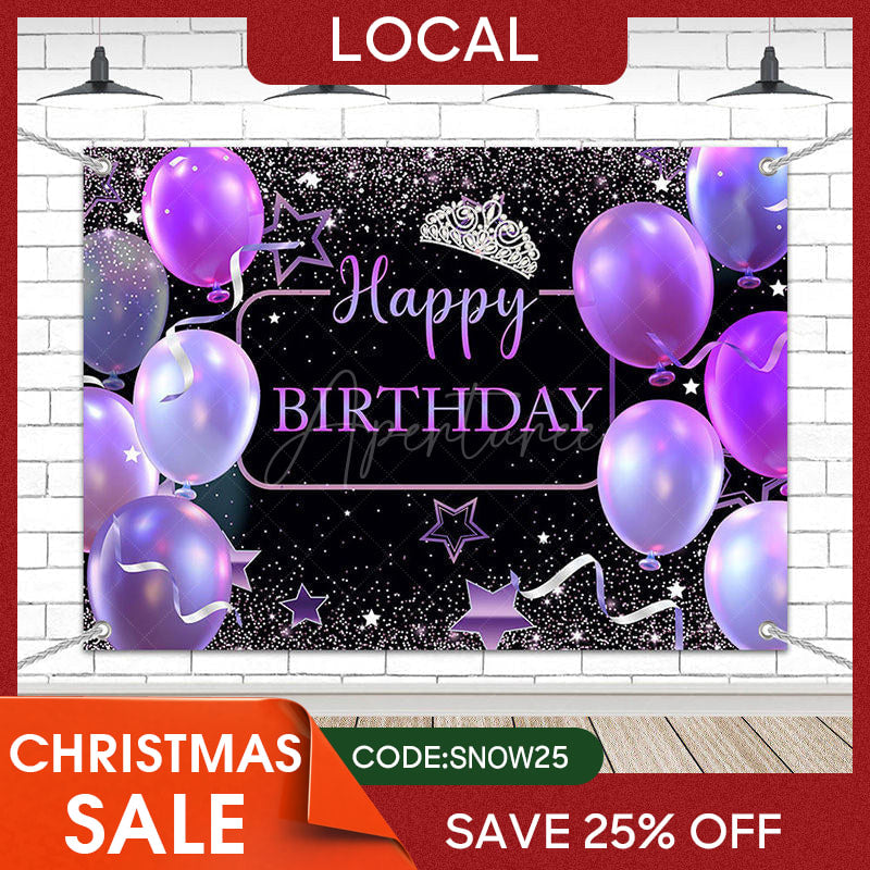 Aperturee - (7 Day Delivery) Aperturee Black Purple Balloons Crown Birthday Backdrop