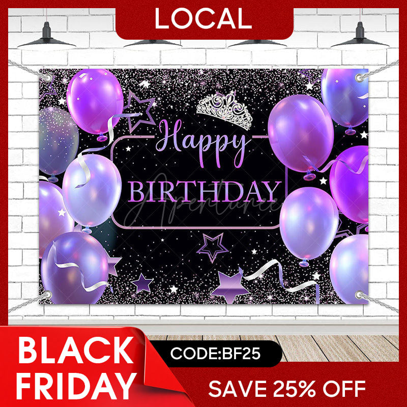Aperturee - (7 Day Delivery) Aperturee Black Purple Balloons Crown Birthday Backdrop