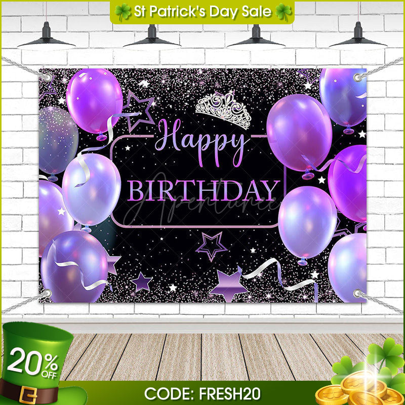 Aperturee - (7 Day Delivery) Aperturee Black Purple Balloons Crown Birthday Backdrop