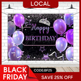 Aperturee - (7 Day Delivery) Aperturee Black Purple Balloons Crown Birthday Backdrop