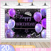Aperturee - (7 Day Delivery) Aperturee Black Purple Balloons Crown Birthday Backdrop