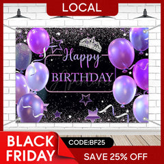 Aperturee - (7 Day Delivery) Aperturee Black Purple Balloons Crown Birthday Backdrop