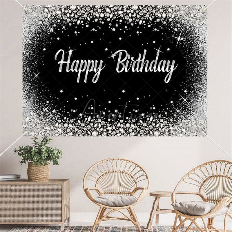 Aperturee - (7 Day Delivery) Aperturee Black Silver Diamonds Sparkle Birthday Backdrop
