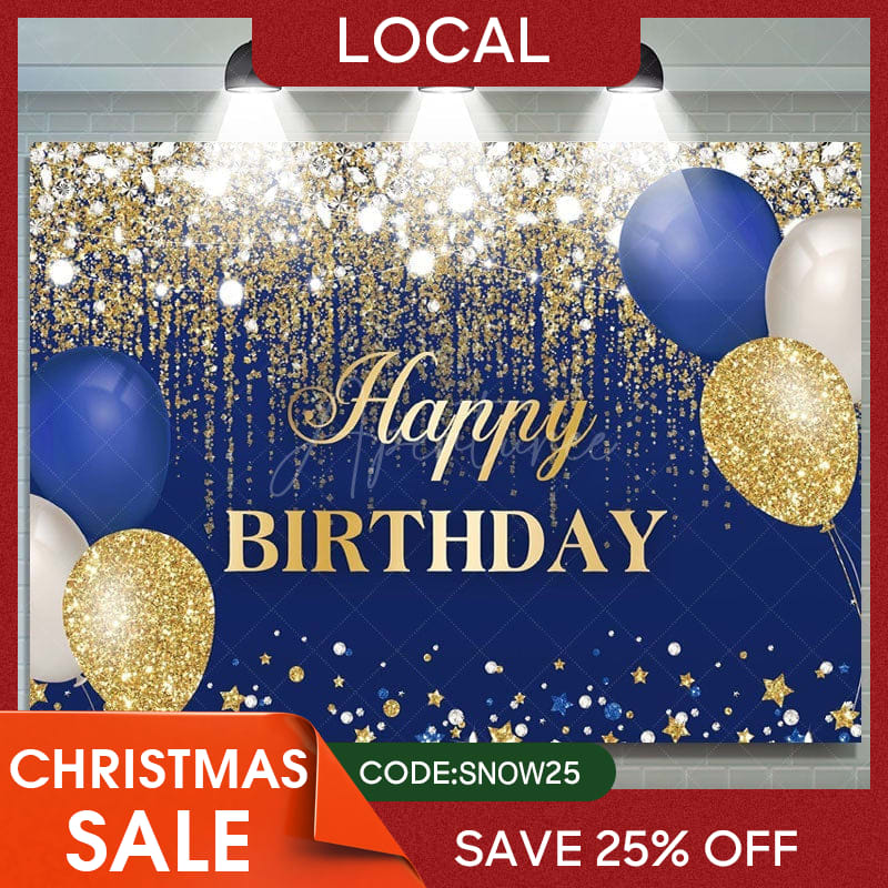 Aperturee - (7 Day Delivery) Aperturee Blue Gold Balloons Glitter Birthday Backdrop
