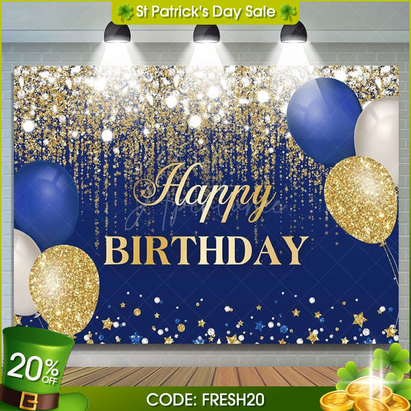 Aperturee - (7 Day Delivery) Aperturee Blue Gold Balloons Glitter Birthday Backdrop