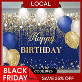 Aperturee - (7 Day Delivery) Aperturee Blue Gold Balloons Glitter Birthday Backdrop