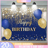 Aperturee - (7 Day Delivery) Aperturee Blue Gold Balloons Glitter Birthday Backdrop