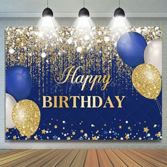 Aperturee - (7 Day Delivery) Aperturee Blue Gold Balloons Glitter Birthday Backdrop