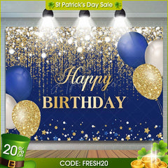 Aperturee - (7 Day Delivery) Aperturee Blue Gold Balloons Glitter Birthday Backdrop