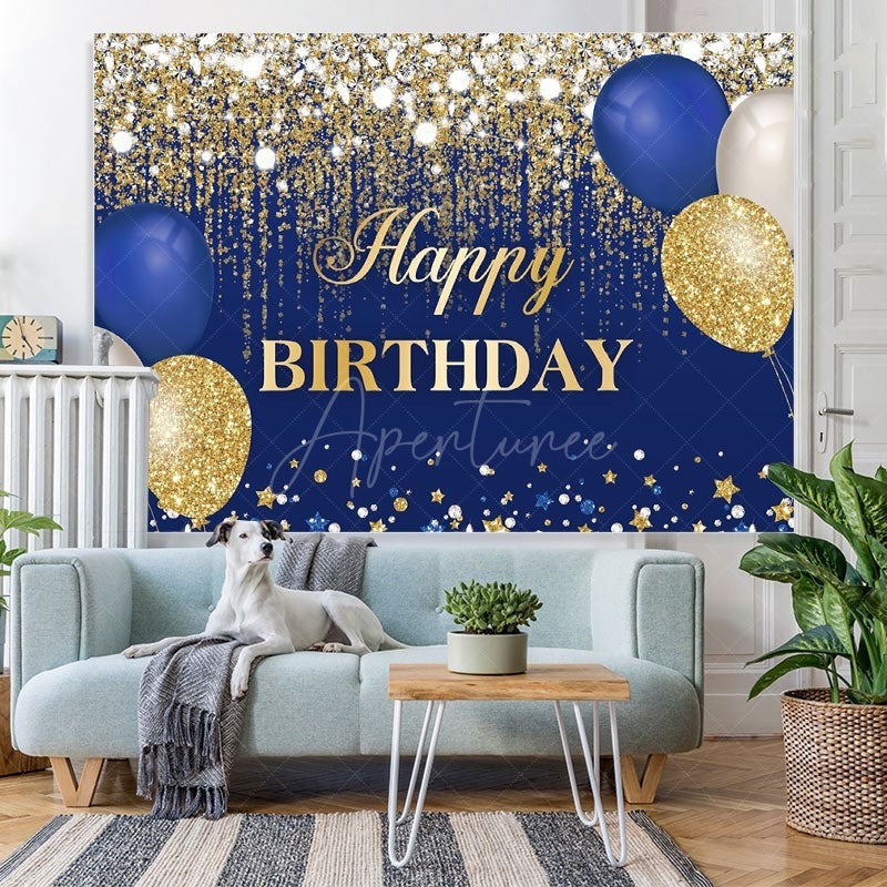 Aperturee - (7 Day Delivery) Aperturee Blue Gold Balloons Glitter Birthday Backdrop
