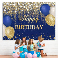 Aperturee - (7 Day Delivery) Aperturee Blue Gold Balloons Glitter Birthday Backdrop