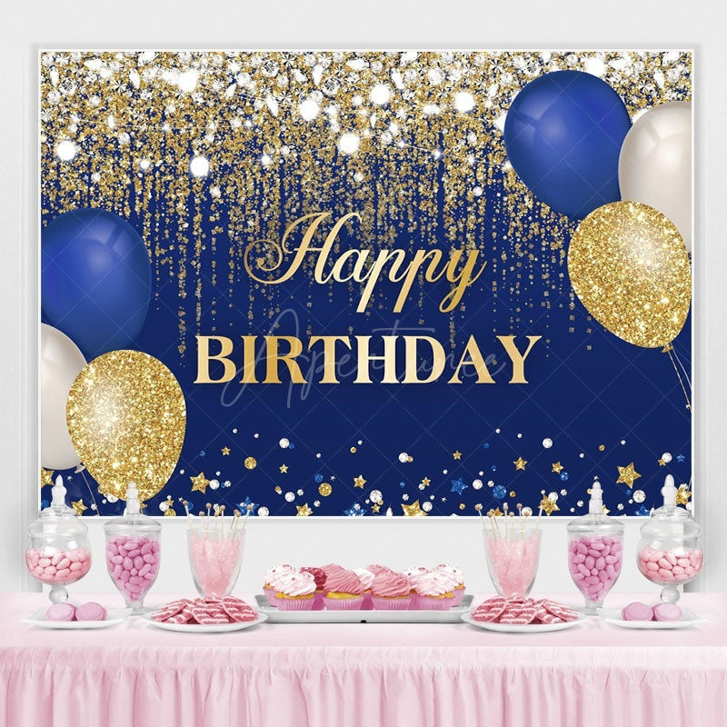Aperturee - (7 Day Delivery) Aperturee Blue Gold Balloons Glitter Birthday Backdrop