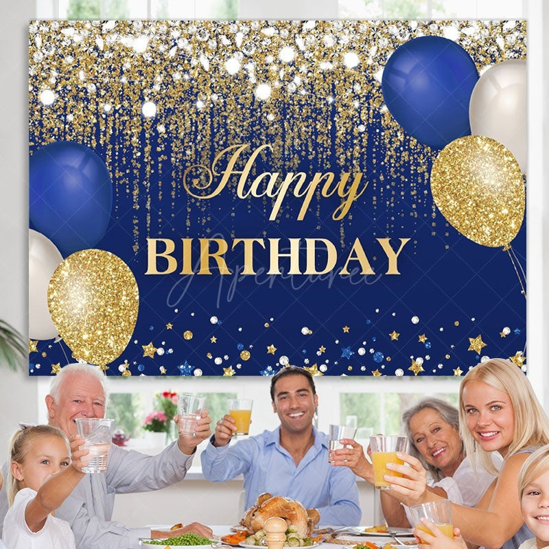 Aperturee - (7 Day Delivery) Aperturee Blue Gold Balloons Glitter Birthday Backdrop