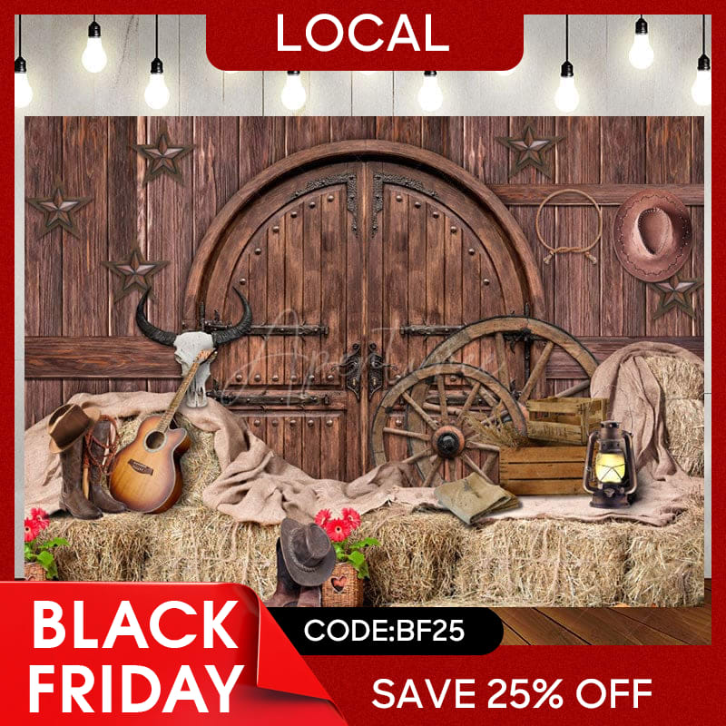 Aperturee - (7 Day Delivery) Aperturee Brown Wood Western Cowboy Birthday Party Backdrop