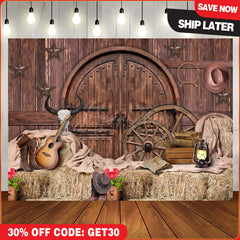 Aperturee - (7 Day Delivery) Aperturee Brown Wood Western Cowboy Birthday Party Backdrop