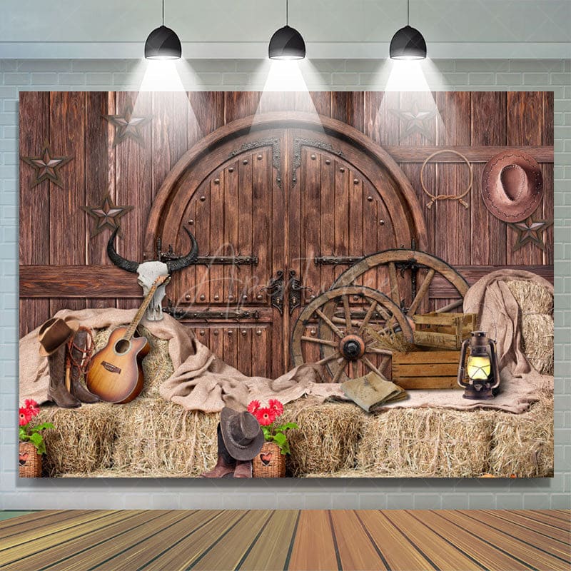 Aperturee - (7 Day Delivery) Aperturee Brown Wood Western Cowboy Birthday Party Backdrop
