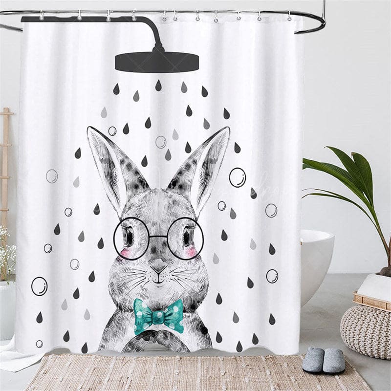 Aperturee - (7 Day Delivery) Aperturee Cartoon Bunny White Shower Curtain Kit