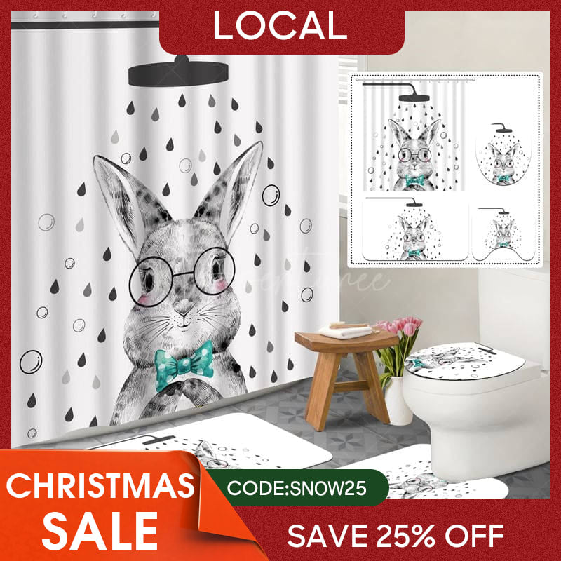 Aperturee - (7 Day Delivery) Aperturee Cartoon Bunny White Shower Curtain Kit