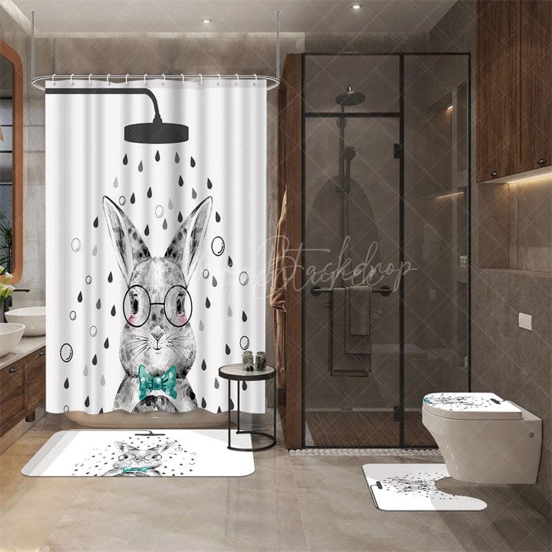 Aperturee - (7 Day Delivery) Aperturee Cartoon Bunny White Shower Curtain Kit