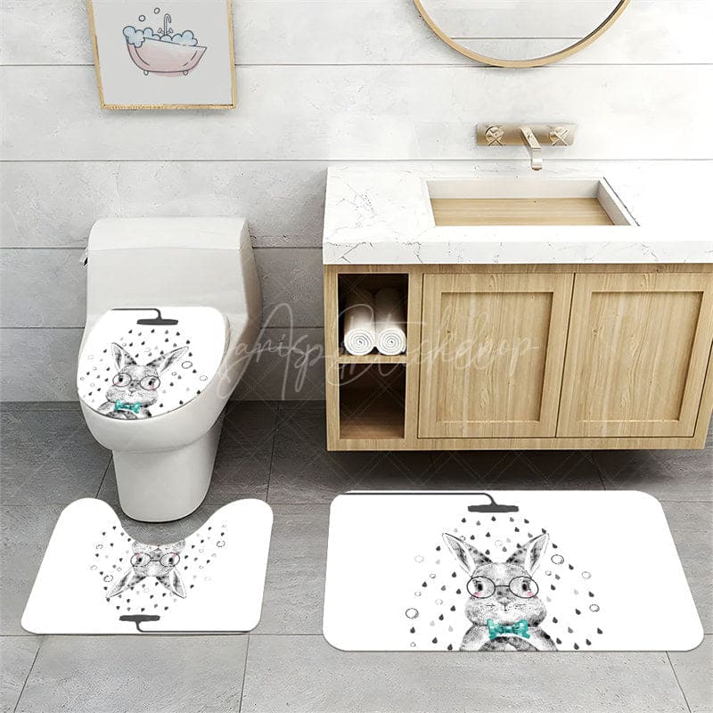 Aperturee - (7 Day Delivery) Aperturee Cartoon Bunny White Shower Curtain Kit
