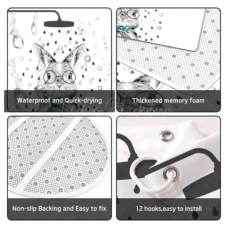 Aperturee - (7 Day Delivery) Aperturee Cartoon Bunny White Shower Curtain Kit