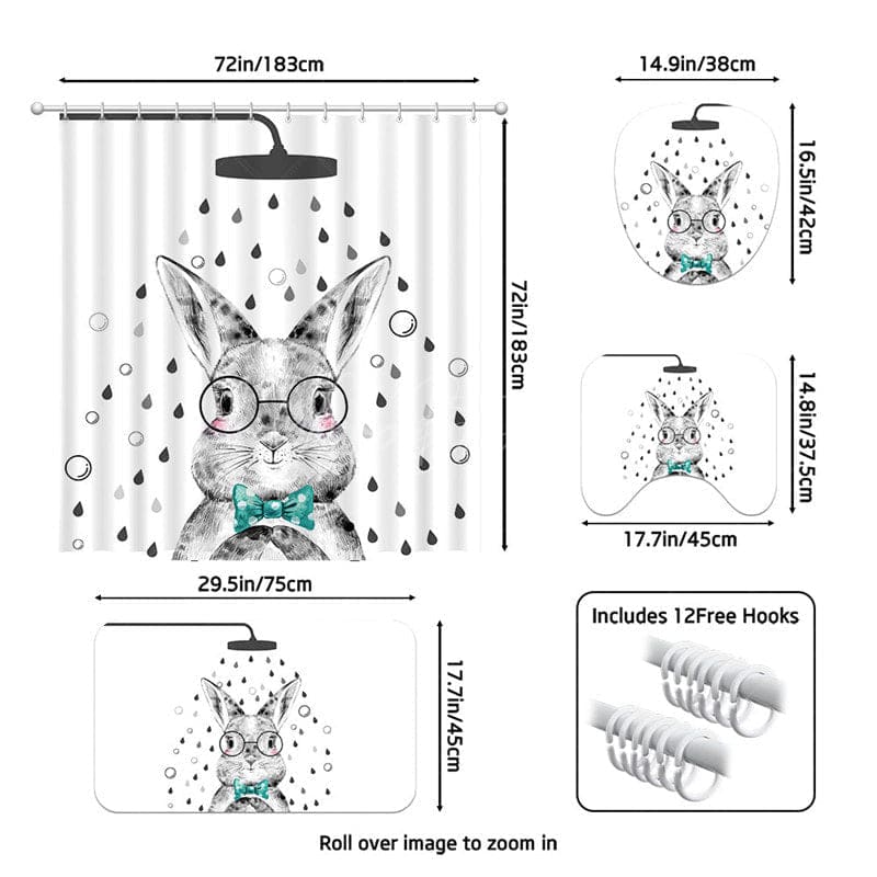 Aperturee - (7 Day Delivery) Aperturee Cartoon Bunny White Shower Curtain Kit