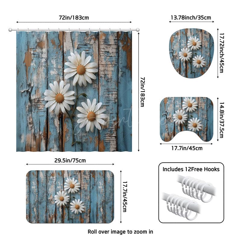 Aperturee - (7 Day Delivery) Aperturee Daisy Retro Blue Wood Shower Curtain Kit