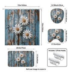 Aperturee - (7 Day Delivery) Aperturee Daisy Retro Blue Wood Shower Curtain Kit