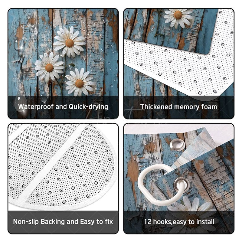 Aperturee - (7 Day Delivery) Aperturee Daisy Retro Blue Wood Shower Curtain Kit