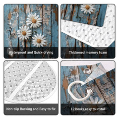 Aperturee - (7 Day Delivery) Aperturee Daisy Retro Blue Wood Shower Curtain Kit