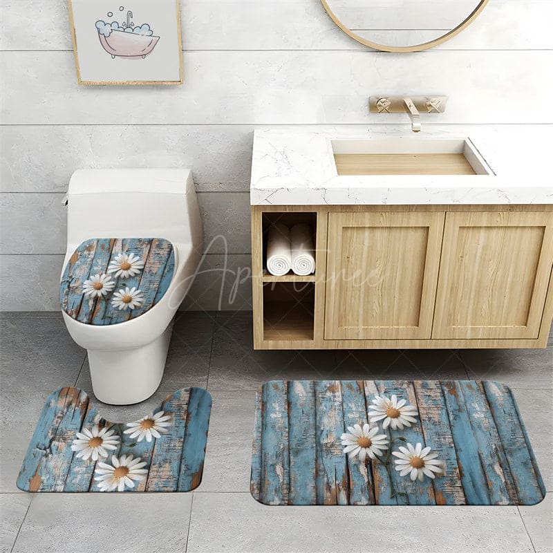 Aperturee - (7 Day Delivery) Aperturee Daisy Retro Blue Wood Shower Curtain Kit