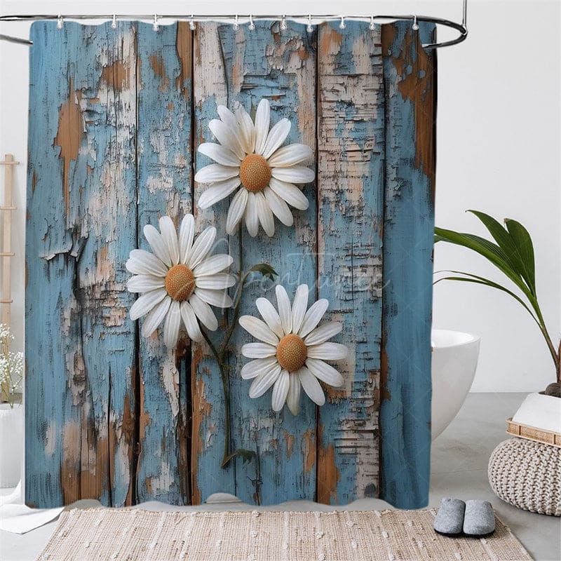 Aperturee - (7 Day Delivery) Aperturee Daisy Retro Blue Wood Shower Curtain Kit