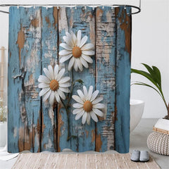 Aperturee - (7 Day Delivery) Aperturee Daisy Retro Blue Wood Shower Curtain Kit