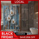 Aperturee - (7 Day Delivery) Aperturee Daisy Retro Blue Wood Shower Curtain Kit