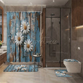 Aperturee - (7 Day Delivery) Aperturee Daisy Retro Blue Wood Shower Curtain Kit