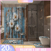 Aperturee - (7 Day Delivery) Aperturee Daisy Retro Blue Wood Shower Curtain Kit