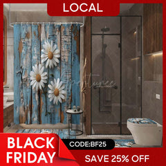 Aperturee - (7 Day Delivery) Aperturee Daisy Retro Blue Wood Shower Curtain Kit