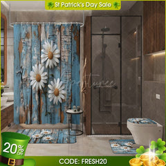 Aperturee - (7 Day Delivery) Aperturee Daisy Retro Blue Wood Shower Curtain Kit