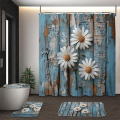 Aperturee - (7 Day Delivery) Aperturee Daisy Retro Blue Wood Shower Curtain Kit