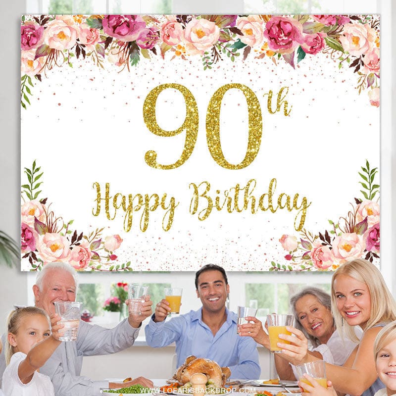 Aperturee - (7 Day Delivery) Aperturee Gold Dots Pink Floral 90th Birthday Backdrop