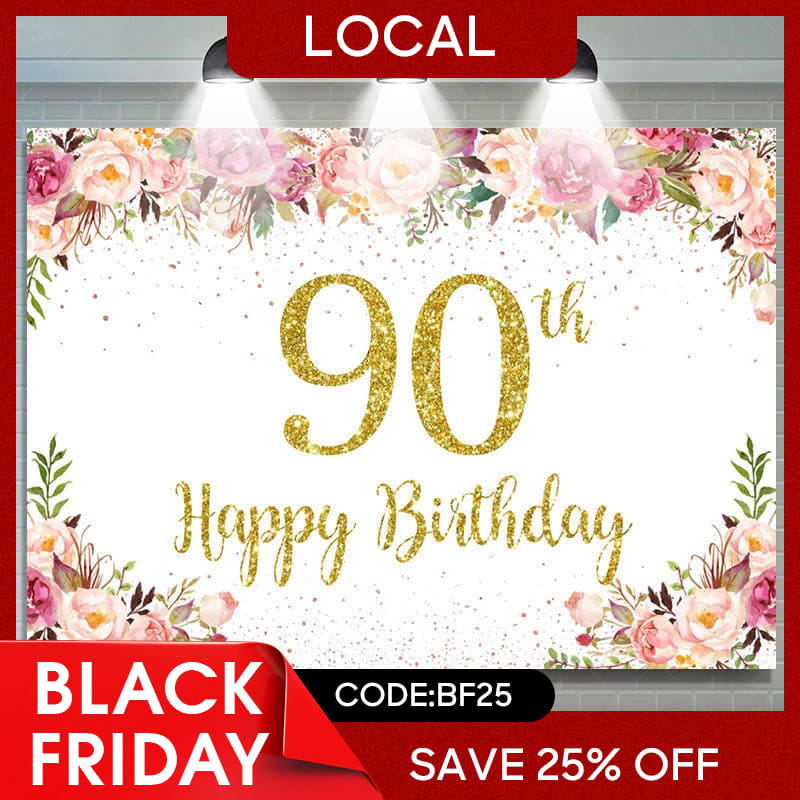 Aperturee - (7 Day Delivery) Aperturee Gold Dots Pink Floral 90th Birthday Backdrop