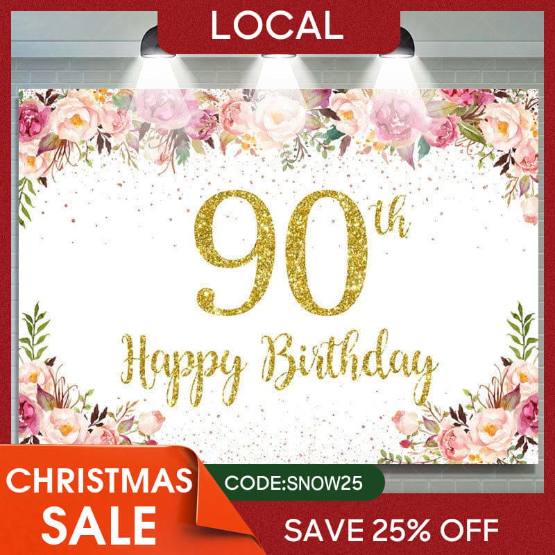 Aperturee - (7 Day Delivery) Aperturee Gold Dots Pink Floral 90th Birthday Backdrop