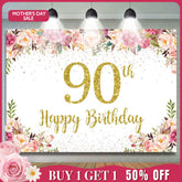 (7 Day Delivery) Aperturee Gold Dots Pink Floral 90th Birthday Backdrop