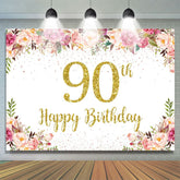 Aperturee - (7 Day Delivery) Aperturee Gold Dots Pink Floral 90th Birthday Backdrop