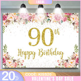 Aperturee - (7 Day Delivery) Aperturee Gold Dots Pink Floral 90th Birthday Backdrop
