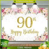 Aperturee - (7 Day Delivery) Aperturee Gold Dots Pink Floral 90th Birthday Backdrop